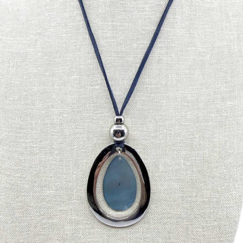 Blue Teardrop Pendant Necklace Silver Tone Boho Minimalist Suede Cord